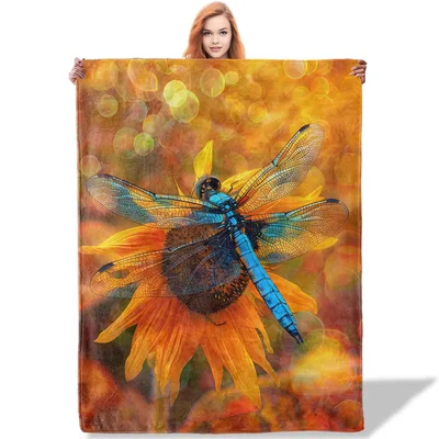 Dragonfly on Sunflower Art Blanket: Blue Insect on Golden Bloom