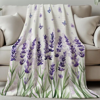 Lavender Field with Butterflies Blanket: Watercolor Floral Design