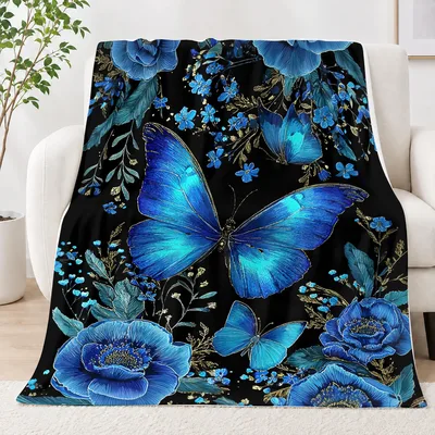 Blue Butterfly on Black Florals Blanket