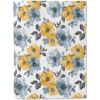 Yellow and Blue Flowers Blanket: Watercolor Floral Throw Design