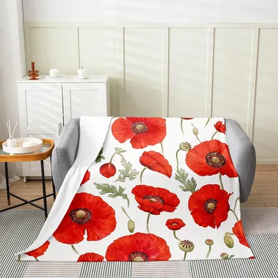 Red Poppy Flower Pattern Blanket: Botanical Red Bloom Design