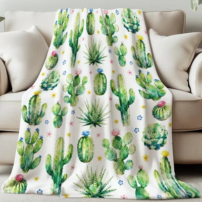 Watercolor Cactus Pattern Blanket: Desert Succulents and Blooms