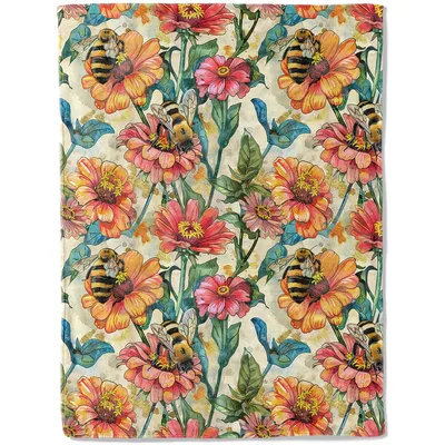 Bees Among Vibrant Flowers Blanket: A Botanical Bee Pattern