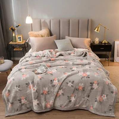 Gray Floral Print Mink Blanket for a Soft Bedroom Touch