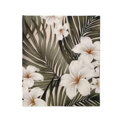 White Hibiscus and Palm Blanket: Tropical Floral Throw Design