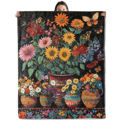 Vibrant Floral Pot Bouquet Blanket