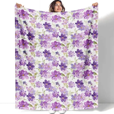 Lavender Violet Floral Pattern Blanket: Watercolor Purple Flower Throw
