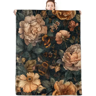 Vintage Bee and Floral Blanket: Dark Botanical Bumblebee Design