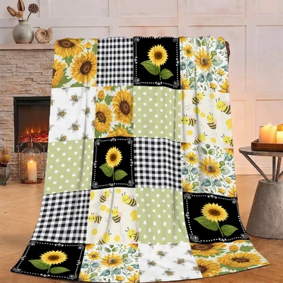 Sunflower Patchwork Design Blanket: Vintage Floral Quilt Throw