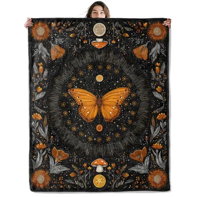 Butterfly Floral Mushroom Moon Blanket for Nature Lovers