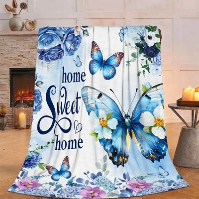 Home Sweet Home Butterflies Blanket: Blue Floral Watercolor Throw
