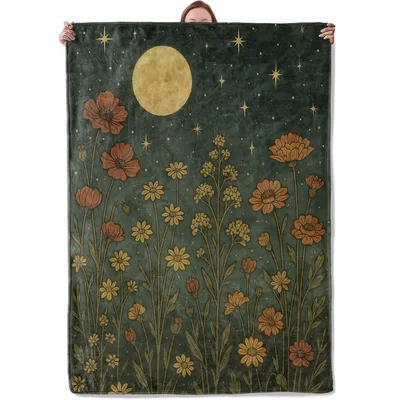 Moon and Wildflower Night Blanket: A Moonlit Floral Sky Design