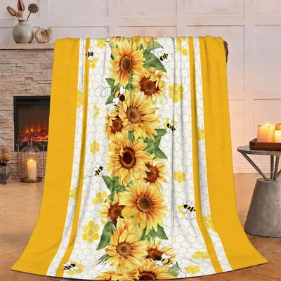 Sunflowers and Bees Stripes Blanket featuring vibrant sunflower blooms