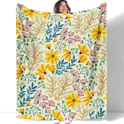 Yellow Teal Red Florals Blanket featuring bright yellow daisies