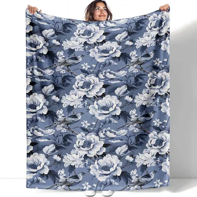 Blue Peony Floral Pattern Blanket with Birds and Botanicals