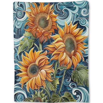 Sunflowers on Swirling Blue Blanket: Vibrant Floral Art Design