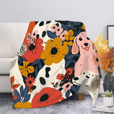 Floral Pattern with Dog Blanket: Cute Canine and Floral Throw