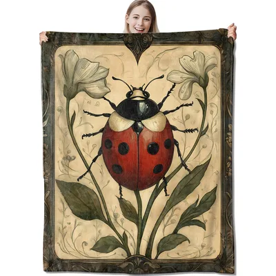Vintage Ladybug Botanical Illustration Blanket