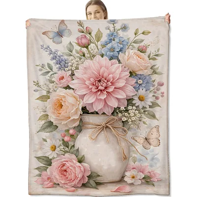 Vintage Floral Vase Blanket features a cream vase filled