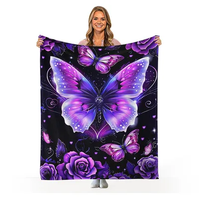 Purple Butterflies and Roses Blanket: Glowing Wings and Floral Art