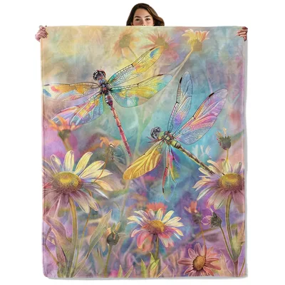 Dragonflies and Daisies Blanket featuring iridescent insects
