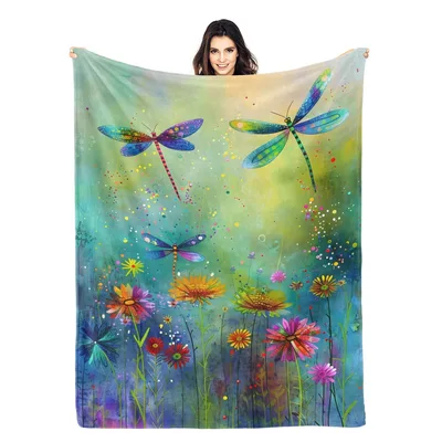 Dragonflies Over Wildflowers Blanket: A Vibrant Nature Print