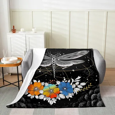 Dragonfly and Flowers on Black Blanket: Cosmic Insect Design