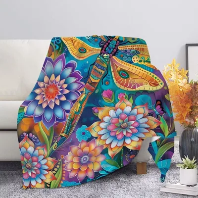 Folk Art Floral Dragonfly Blanket: Vibrant Insect and Flower Design