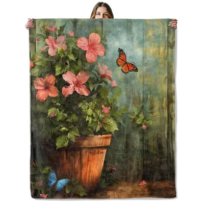 Flowers in Clay Pot Blanket: Hibiscus and Butterfly Garden Art