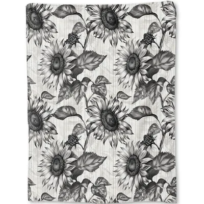 Black and White Sunflower Blanket: Vintage Floral Sketch Throw