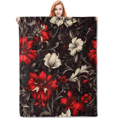 Dark Red Gothic Floral Blanket featuring bold red
