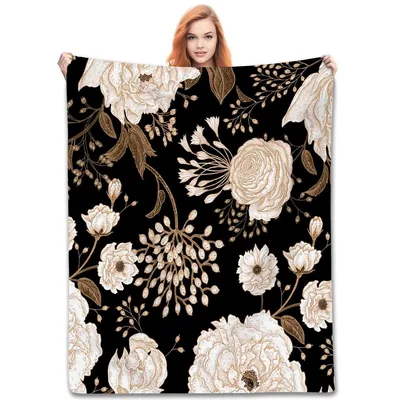 Black Cream Peony Floral Blanket: Gothic Vintage Peony Design