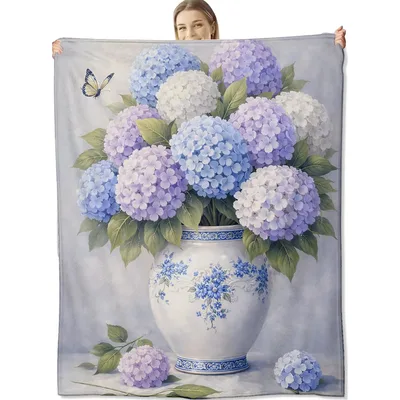 Blue Hydrangeas in Vase Blanket: Vintage Floral Art for Your Home