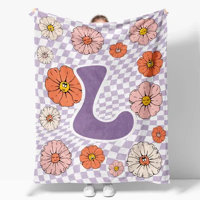 Floral Initial L Blanket: Retro Checkered Design with Smiling Flowers