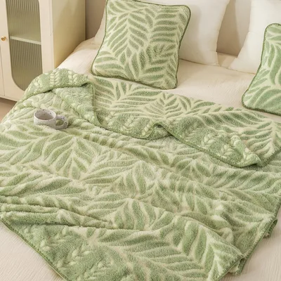 Sage Green Leaf Pattern Blanket: Botanical Fleece and Sherpa Throw
