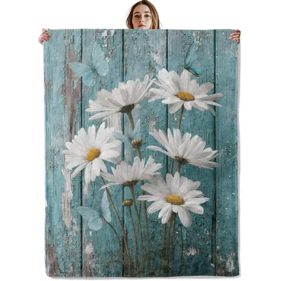 White Daisies on Wood Blanket: Rustic Floral Art with Blue Butterflies