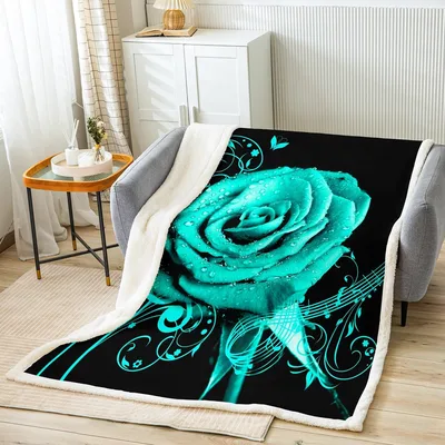Teal Rose on Black Blanket: A Vibrant Floral and Musical Design
