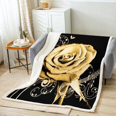 Golden Rose on Black Blanket: A Golden Floral Design with Music Notes