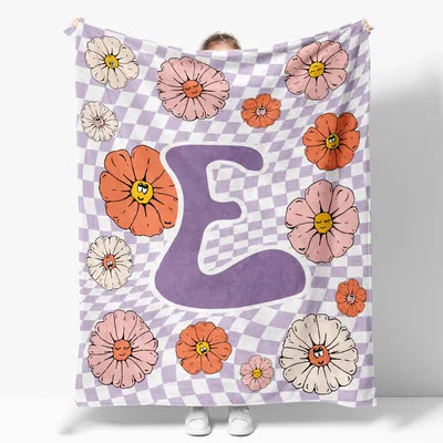 Floral Initial E Checkered Blanket featuring a retro purple letter E