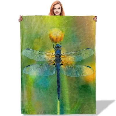 Dragonfly on Yellow Flower Blanket: Blue Insect Art