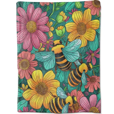 Bees and Colorful Flowers Blanket featuring vibrant pink