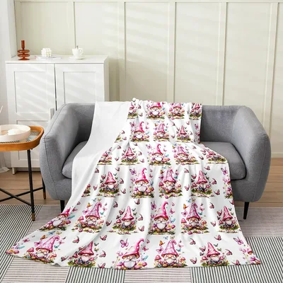 Pink Floral Gnome Pattern Blanket