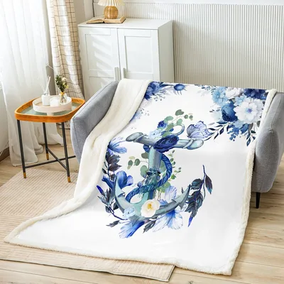 Blue Floral Watercolor Vines Blanket with Nautical Anchor Art
