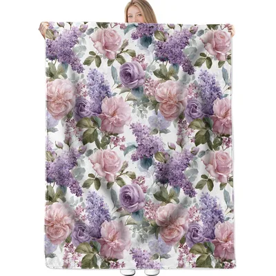 Purple Lilac Rose Floral Blanket: Vintage Watercolor Garden Throw