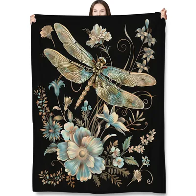 Dragonfly with Flowers Blanket: Botanical Insect Art on Black