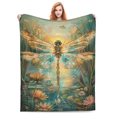 Golden Dragonfly Over Lotus Blanket: Stained Glass Insect Art