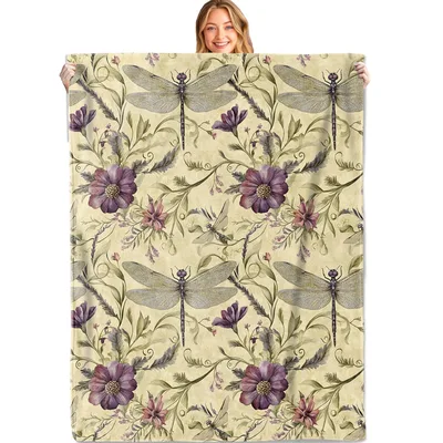 Dragonflies and Purple Flowers Blanket