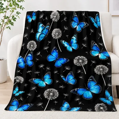 Blue Butterflies and Dandelions Blanket: Vibrant Blue Moths on Black