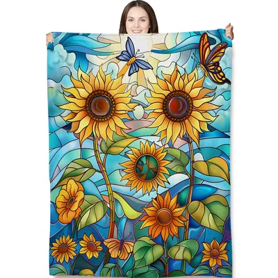 Sunflowers Stained Glass Butterflies Blanket: Artistic Floral Design
