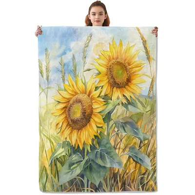 Watercolor Sunflowers Field Blanket features two large